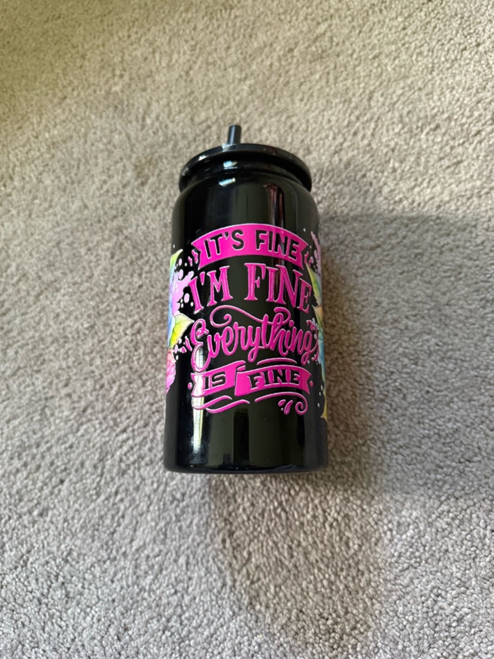 Black Ceramic Tumbler with Pink 'I'm Fine' Script